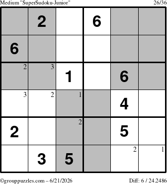 The grouppuzzles.com Medium SuperSudoku-Junior puzzle for Sunday June 21, 2026 with the first 3 steps marked