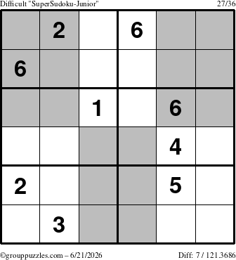 The grouppuzzles.com Difficult SuperSudoku-Junior puzzle for Sunday June 21, 2026