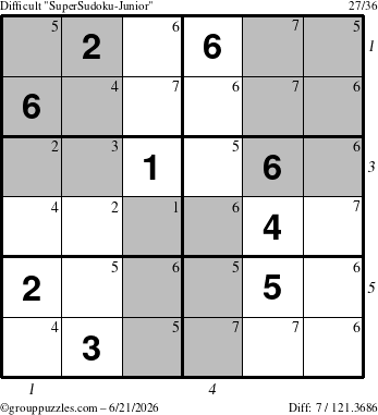 The grouppuzzles.com Difficult SuperSudoku-Junior puzzle for Sunday June 21, 2026, suitable for printing, with all 7 steps marked