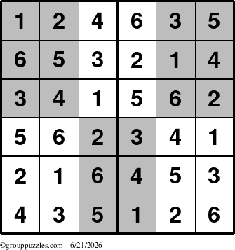 The grouppuzzles.com Answer grid for the SuperSudoku-Junior puzzle for Sunday June 21, 2026