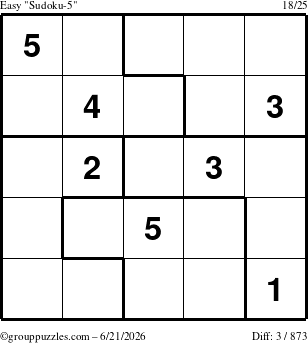 The grouppuzzles.com Easy Sudoku-5 puzzle for Sunday June 21, 2026