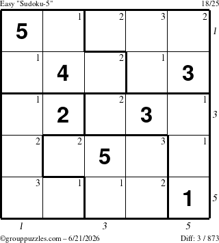 The grouppuzzles.com Easy Sudoku-5 puzzle for Sunday June 21, 2026, suitable for printing, with all 3 steps marked