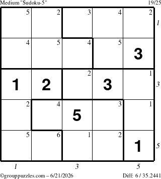 The grouppuzzles.com Medium Sudoku-5 puzzle for Sunday June 21, 2026 with all 6 steps marked