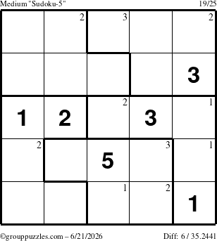 The grouppuzzles.com Medium Sudoku-5 puzzle for Sunday June 21, 2026 with the first 3 steps marked