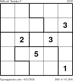 The grouppuzzles.com Difficult Sudoku-5 puzzle for Sunday June 21, 2026