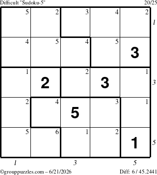 The grouppuzzles.com Difficult Sudoku-5 puzzle for Sunday June 21, 2026 with all 6 steps marked