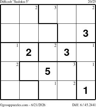 The grouppuzzles.com Difficult Sudoku-5 puzzle for Sunday June 21, 2026 with the first 3 steps marked