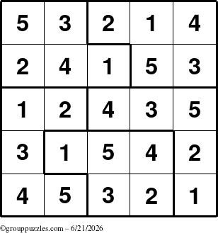 The grouppuzzles.com Answer grid for the Sudoku-5 puzzle for Sunday June 21, 2026