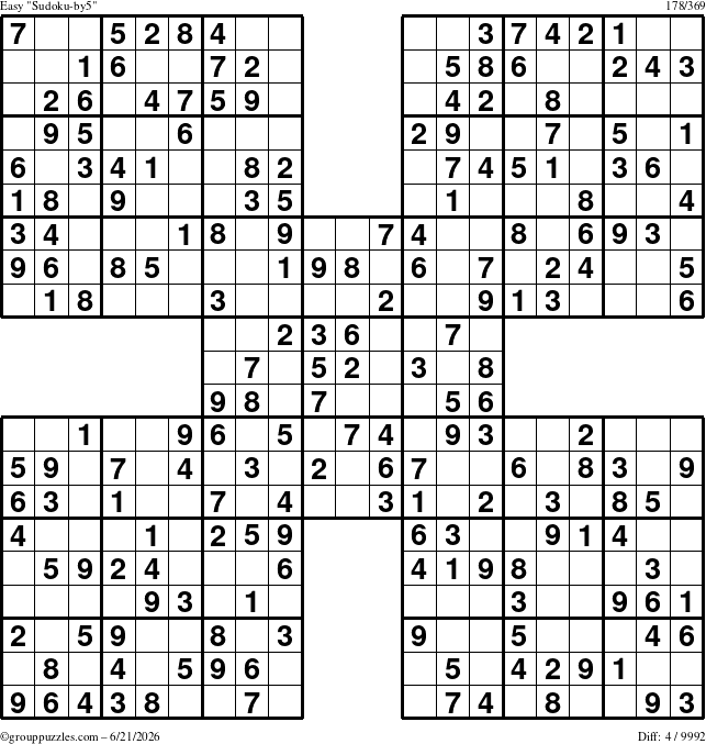 The grouppuzzles.com Easy Sudoku-by5 puzzle for Sunday June 21, 2026