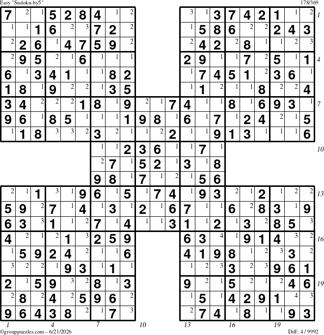 The grouppuzzles.com Easy Sudoku-by5 puzzle for Sunday June 21, 2026, suitable for printing, with all 4 steps marked
