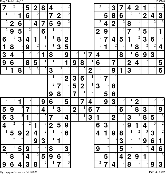 The grouppuzzles.com Easy Sudoku-by5 puzzle for Sunday June 21, 2026 with the first 3 steps marked