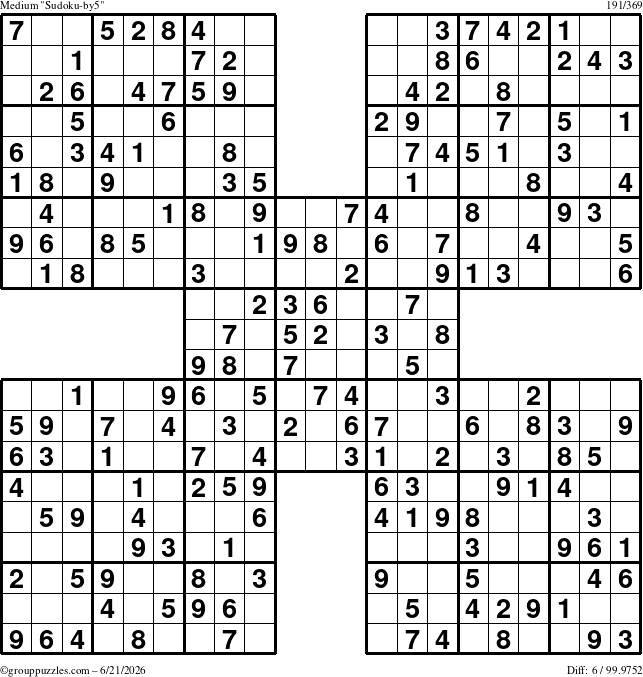 The grouppuzzles.com Medium Sudoku-by5 puzzle for Sunday June 21, 2026