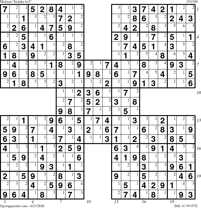 The grouppuzzles.com Medium Sudoku-by5 puzzle for Sunday June 21, 2026 with all 6 steps marked