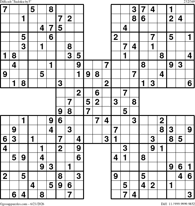 The grouppuzzles.com Difficult Sudoku-by5 puzzle for Sunday June 21, 2026