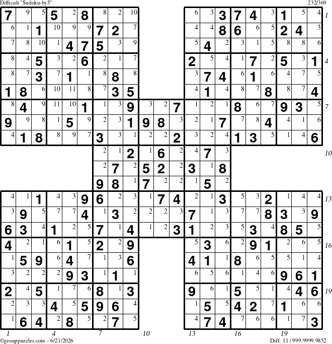 The grouppuzzles.com Difficult Sudoku-by5 puzzle for Sunday June 21, 2026 with all 11 steps marked