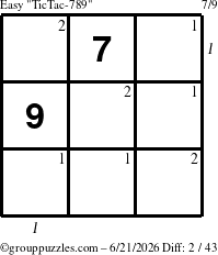 The grouppuzzles.com Easy TicTac-789 puzzle for Sunday June 21, 2026 with all 2 steps marked