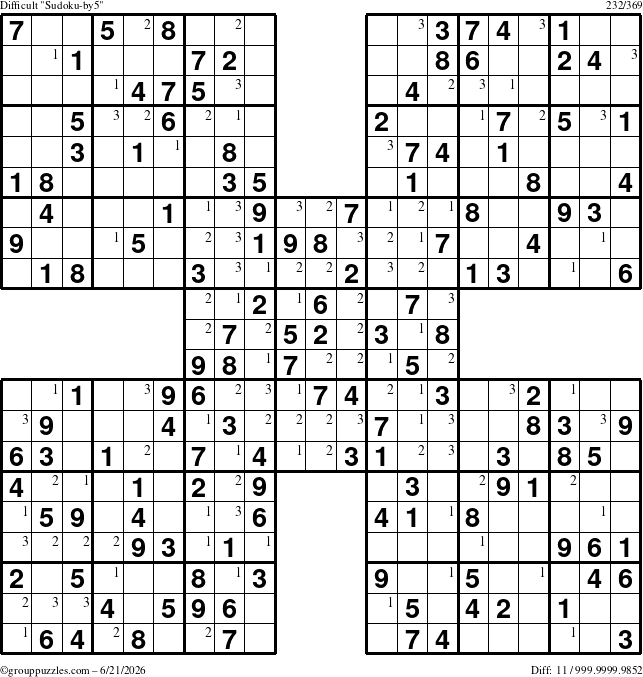 The grouppuzzles.com Difficult Sudoku-by5 puzzle for Sunday June 21, 2026 with the first 3 steps marked