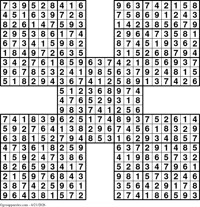 The grouppuzzles.com Answer grid for the Sudoku-by5 puzzle for Sunday June 21, 2026