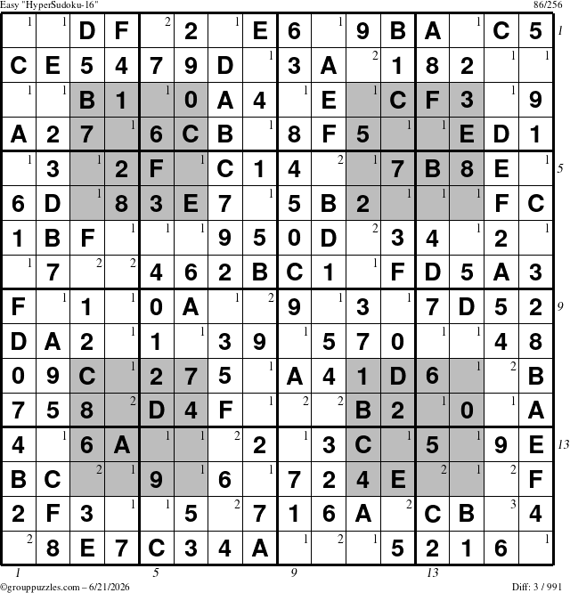The grouppuzzles.com Easy HyperSudoku-16 puzzle for Sunday June 21, 2026 with all 3 steps marked