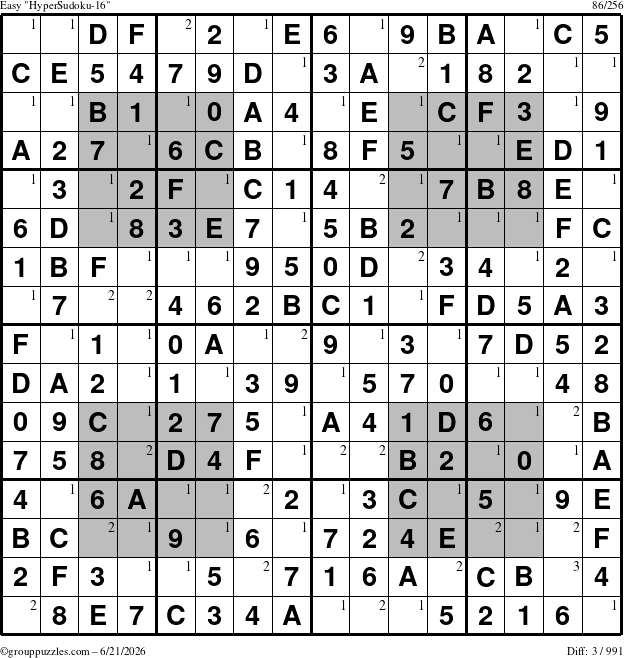 The grouppuzzles.com Easy HyperSudoku-16 puzzle for Sunday June 21, 2026 with the first 3 steps marked
