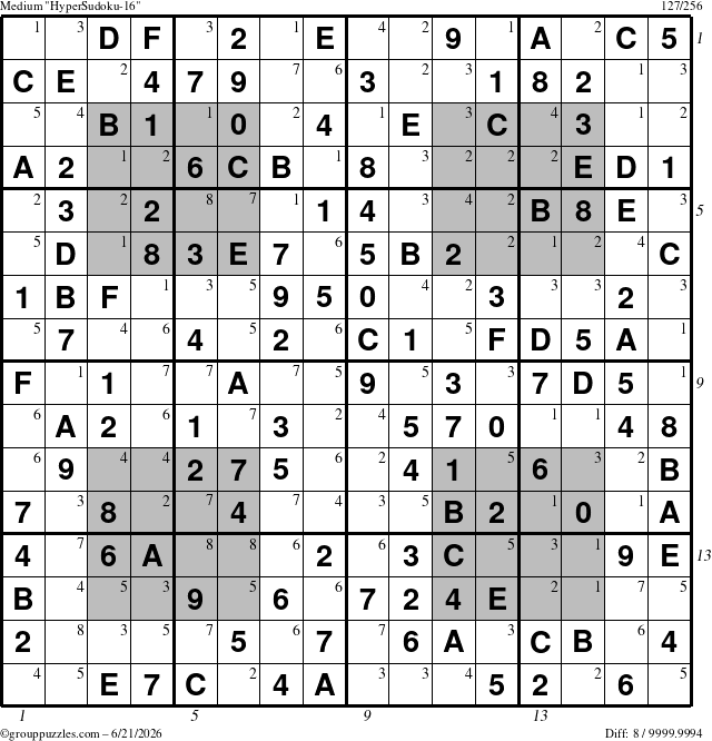 The grouppuzzles.com Medium HyperSudoku-16 puzzle for Sunday June 21, 2026, suitable for printing, with all 8 steps marked
