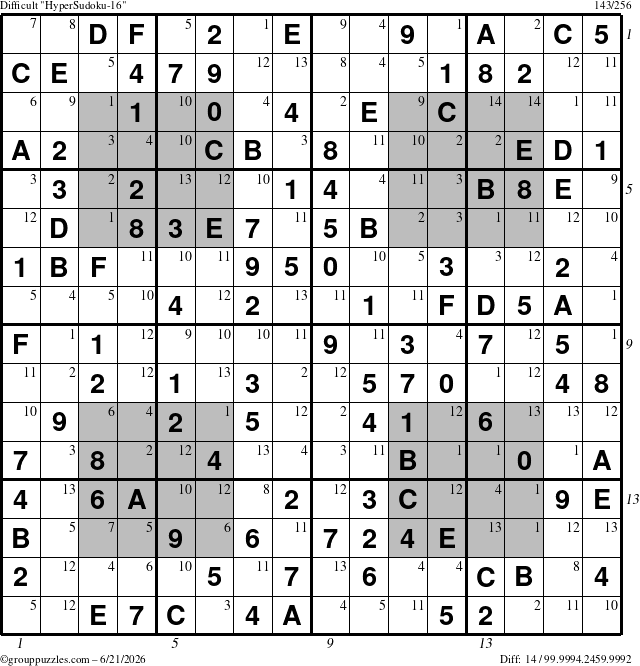 The grouppuzzles.com Difficult HyperSudoku-16 puzzle for Sunday June 21, 2026, suitable for printing, with all 14 steps marked