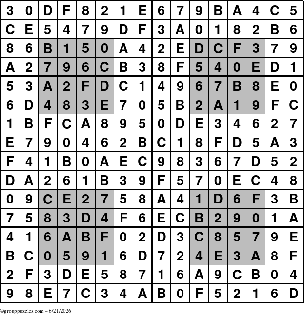 The grouppuzzles.com Answer grid for the HyperSudoku-16 puzzle for Sunday June 21, 2026