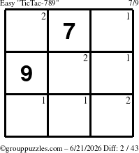 The grouppuzzles.com Easy TicTac-789 puzzle for Sunday June 21, 2026 with the first 2 steps marked
