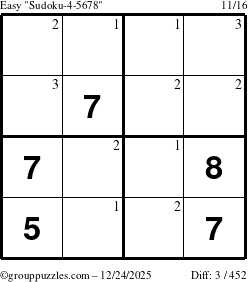 The grouppuzzles.com Easy Sudoku-4-5678 puzzle for Wednesday December 24, 2025 with the first 3 steps marked