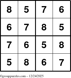 The grouppuzzles.com Answer grid for the Sudoku-4-5678 puzzle for Wednesday December 24, 2025