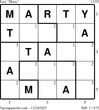 The grouppuzzles.com Easy Marty puzzle for Wednesday December 24, 2025, suitable for printing, with all 3 steps marked