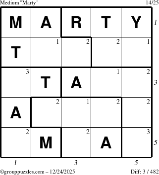 The grouppuzzles.com Medium Marty puzzle for Wednesday December 24, 2025 with all 3 steps marked