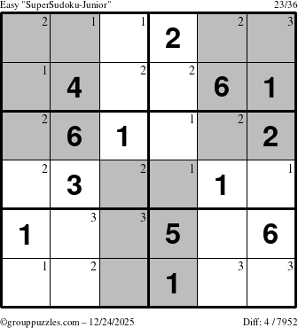 The grouppuzzles.com Easy SuperSudoku-Junior puzzle for Wednesday December 24, 2025 with the first 3 steps marked