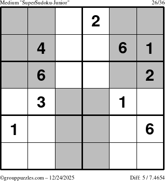 The grouppuzzles.com Medium SuperSudoku-Junior puzzle for Wednesday December 24, 2025