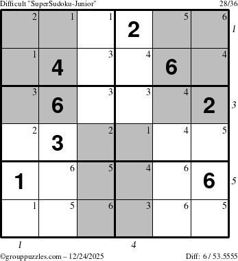 The grouppuzzles.com Difficult SuperSudoku-Junior puzzle for Wednesday December 24, 2025, suitable for printing, with all 6 steps marked
