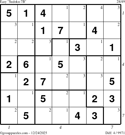 The grouppuzzles.com Easy Sudoku-7B puzzle for Wednesday December 24, 2025, suitable for printing, with all 4 steps marked
