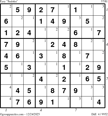 The grouppuzzles.com Easy Sudoku puzzle for Wednesday December 24, 2025 with all 4 steps marked