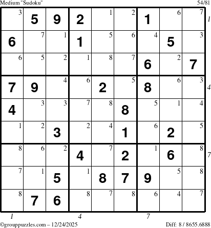 The grouppuzzles.com Medium Sudoku puzzle for Wednesday December 24, 2025, suitable for printing, with all 8 steps marked