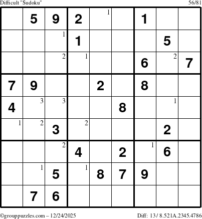 The grouppuzzles.com Difficult Sudoku puzzle for Wednesday December 24, 2025 with the first 3 steps marked