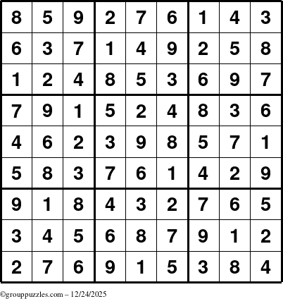 The grouppuzzles.com Answer grid for the Sudoku puzzle for Wednesday December 24, 2025