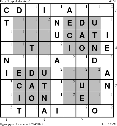 The grouppuzzles.com Easy HyperEducation-i23 puzzle for Wednesday December 24, 2025 with all 3 steps marked