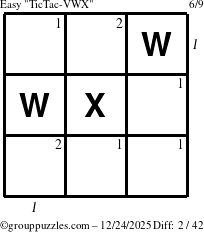 The grouppuzzles.com Easy TicTac-VWX puzzle for Wednesday December 24, 2025, suitable for printing, with all 2 steps marked
