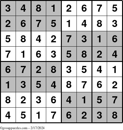 The grouppuzzles.com Answer grid for the SuperSudoku-8 puzzle for Saturday February 17, 2024