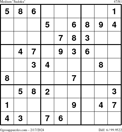 The grouppuzzles.com Medium Sudoku puzzle for Saturday February 17, 2024