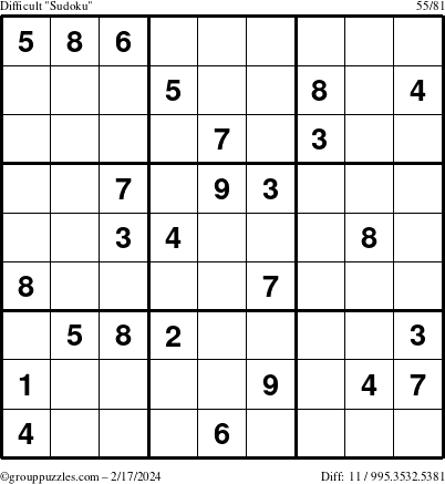 The grouppuzzles.com Difficult Sudoku puzzle for Saturday February 17, 2024