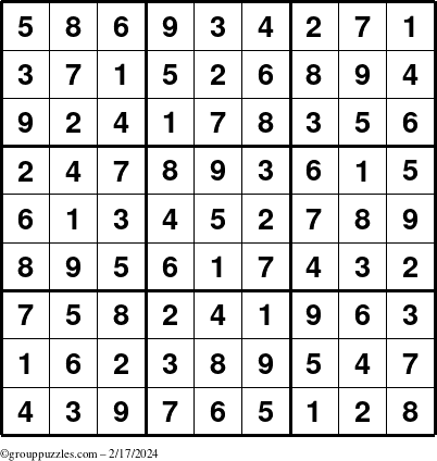 The grouppuzzles.com Answer grid for the Sudoku puzzle for Saturday February 17, 2024