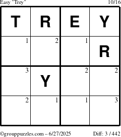 The grouppuzzles.com Easy Trey puzzle for Friday June 27, 2025 with the first 3 steps marked