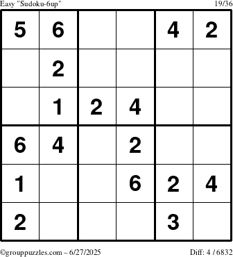 The grouppuzzles.com Easy Sudoku-6up puzzle for Friday June 27, 2025