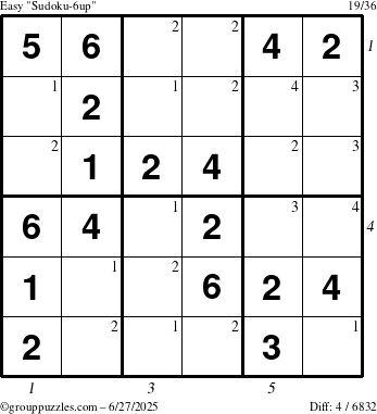 The grouppuzzles.com Easy Sudoku-6up puzzle for Friday June 27, 2025 with all 4 steps marked