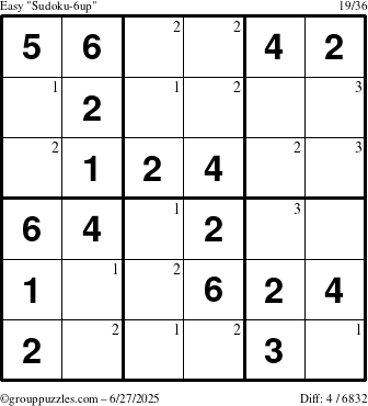 The grouppuzzles.com Easy Sudoku-6up puzzle for Friday June 27, 2025 with the first 3 steps marked